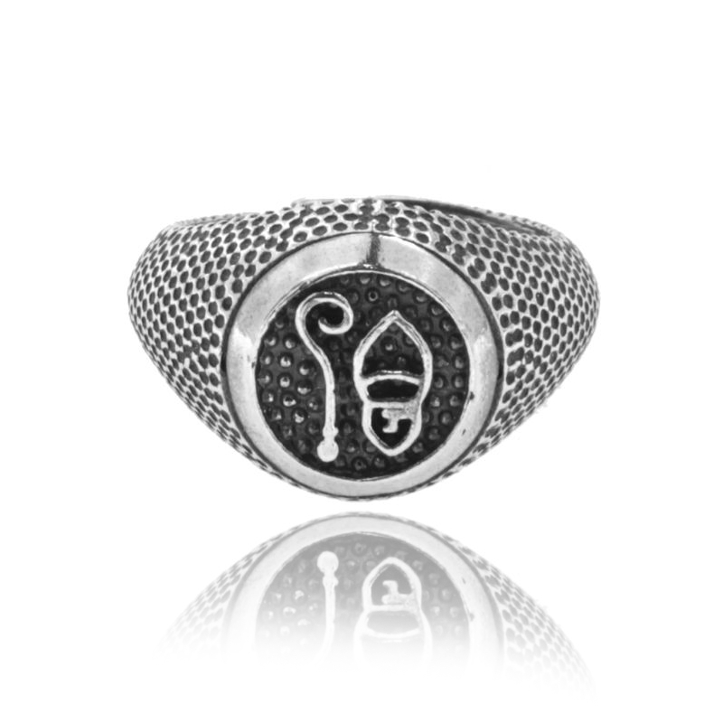 ANELLO TONDO CON SAN GENNARO IN ARGENTO BRUNITO TIT 925 MISURA REGOLABILE DA 16