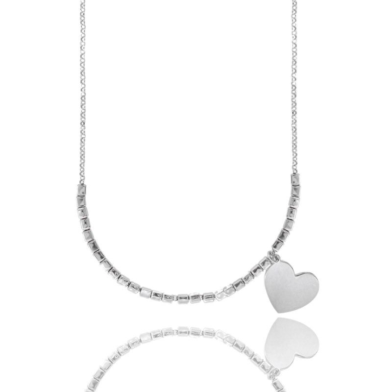 COLLANA ROLO' CON CUBETTI FRIEND E CUORE IN ARGENTO RODIATO TIT 925‰ CM 45