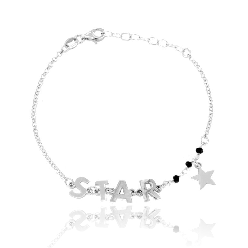 BRACCIALE ROLO' CON PIETRE NERE, STAR E STELLA IN ARGENTO RODIATO TIT 925‰ CM 18
