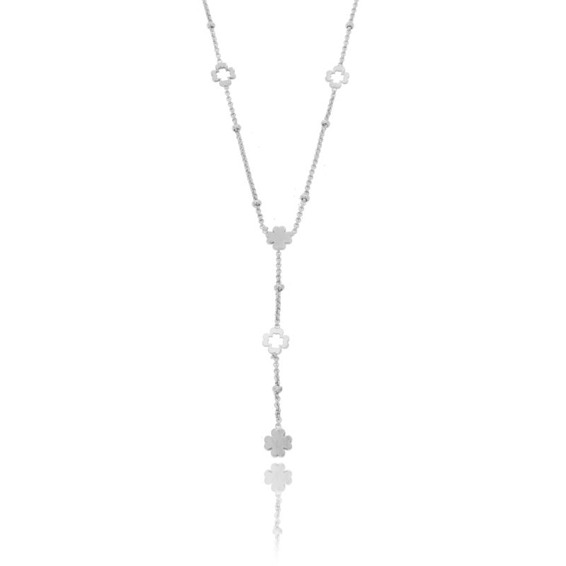 COLLANA ROLO' A CRAVATTA CON QUADRIFOLI IN ARGENTO RODIATO TIT 925‰ CM 44