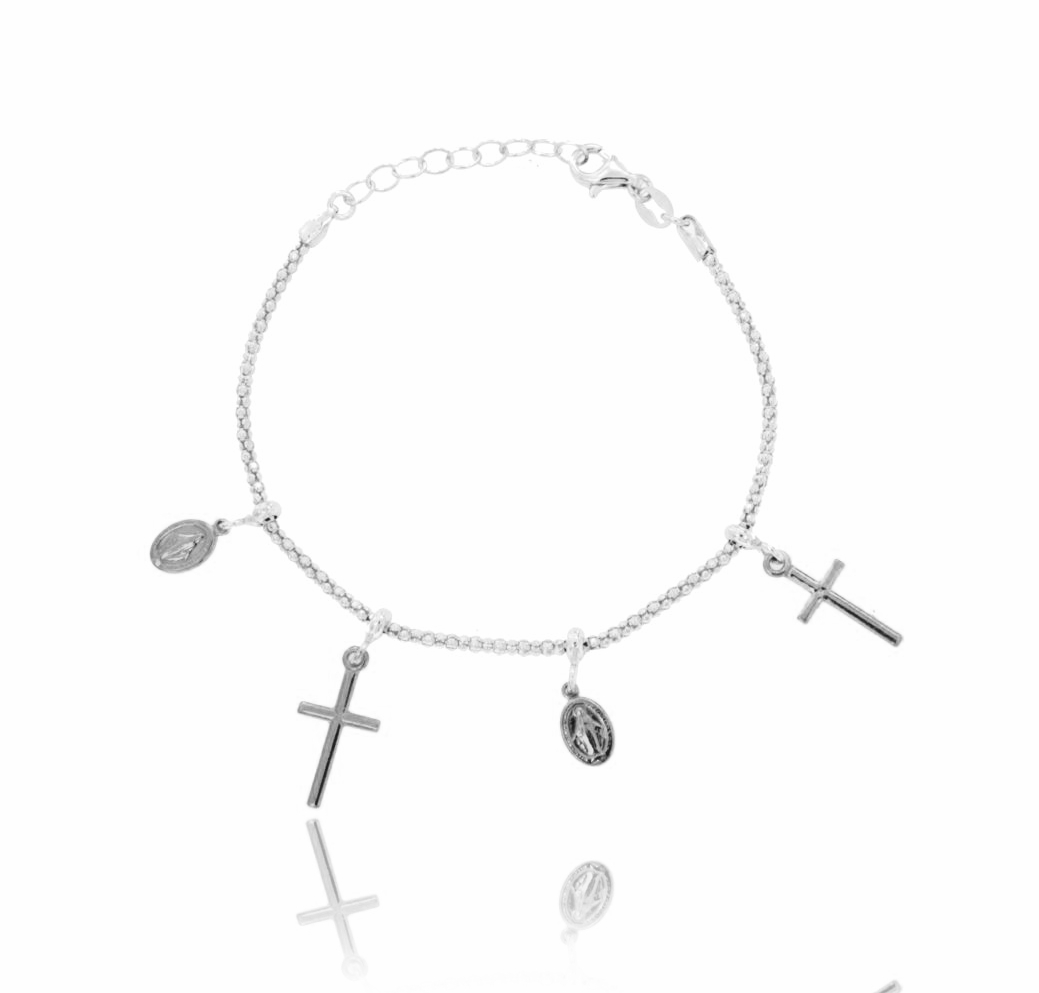 BRACCIALE POP CORN CON MADONNINE E CROCI PENDENTI IN ARGENTO RODIATO TIT 925 CM 18-20