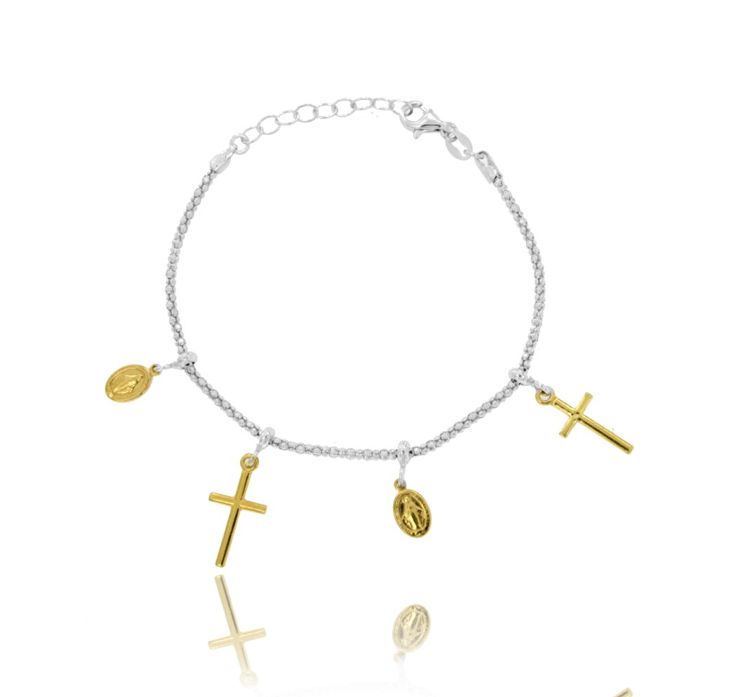 BRACCIALE POP CORN CON MADONNINE E CROCI PENDENTI IN ARGENTO RODIATO E DORATO TIT 925 CM 18-20