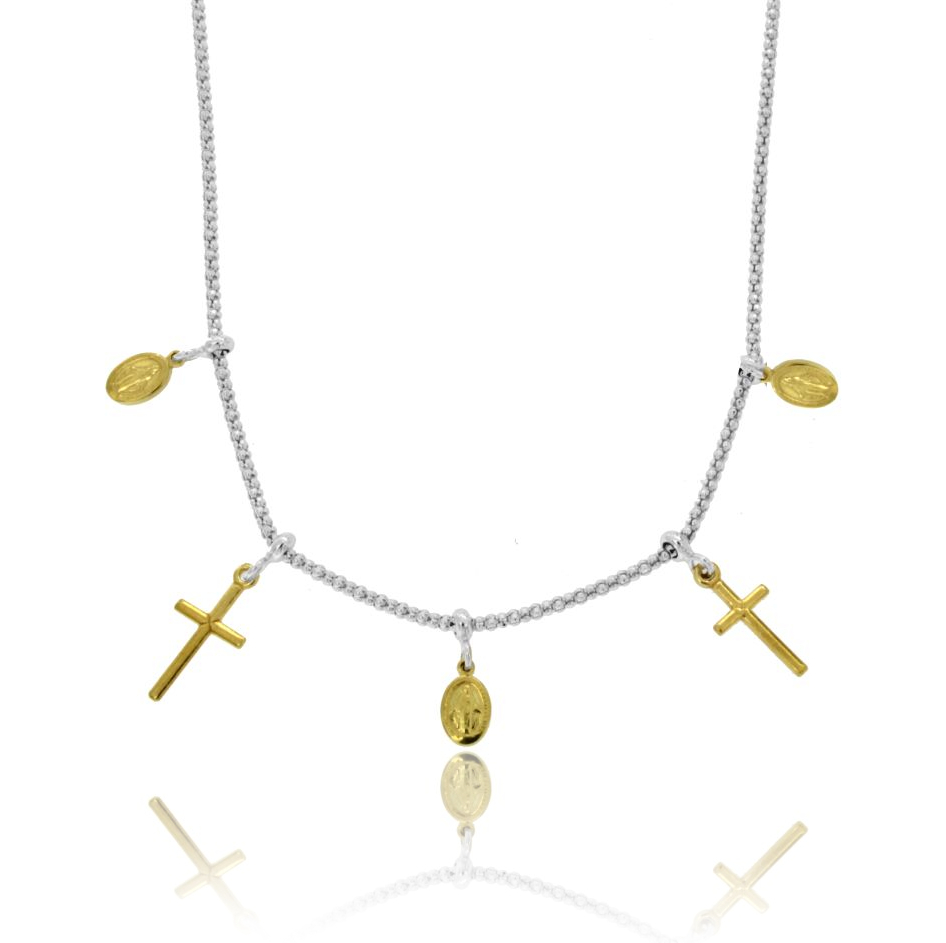 COLLANA POP CORN CON MADONNINE E CROCI PENDENTI IN ARGENTO RODIATO E DORATO TIT 925 CM 45