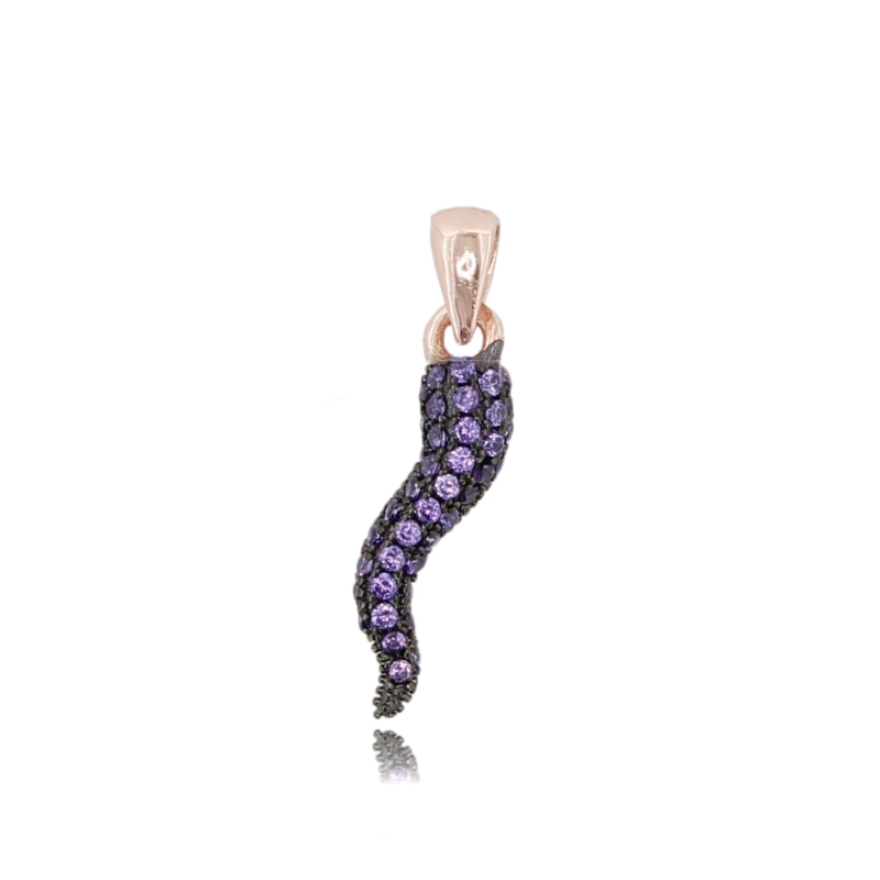 CIONDOLO CORNO MM 29X8 IN ARGENTO ROSATO TIT 925‰ E ZIRCONI VIOLA