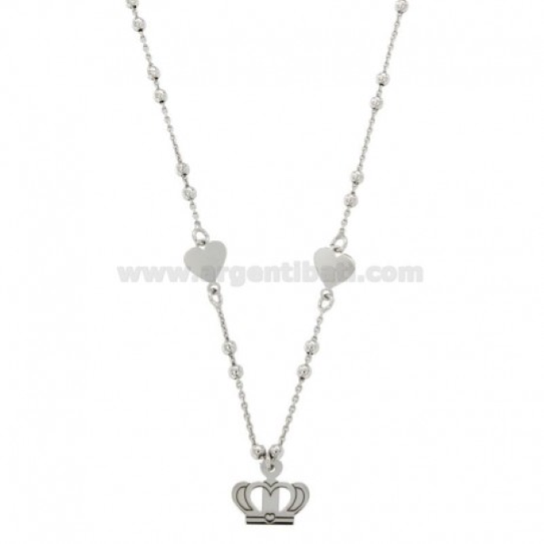 CATENA FORZATINA CON SFERE ALTERNATE MM 2,5 CON CUORI E CORONA PENDENTE IN ARGENTO RODIATO TIT 925 CM 45