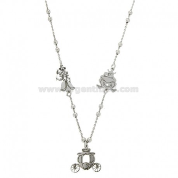 CATENA FORZATINA CON SFERE ALTERNATE MM 2,5 CON CARROZZA, PRINCIPE RANOCCHIO E FATINA PENDENTE IN ARGENTO TIT 925 CM 45