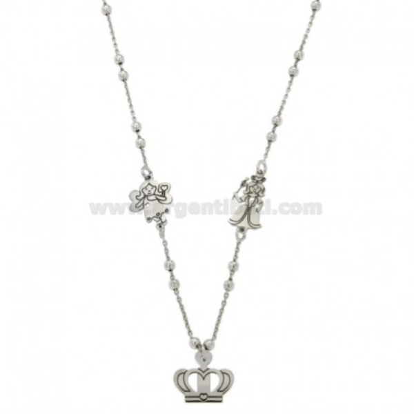 CATENA FORZATINA CON SFERE ALTERNATE MM 2,5 CON FATINA, FATA MADRINA E CORONA PENDENTE IN ARGENTO TIT 925 CM 45
