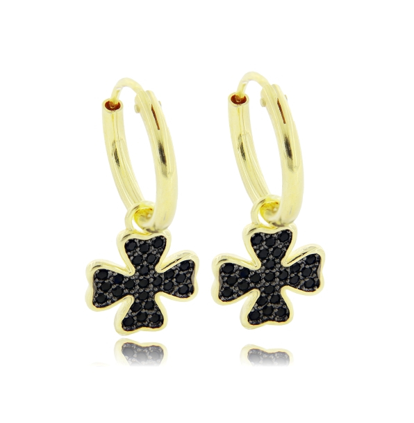 ORECCHINI A CERCHIO DIAMETRO MM 10 CON QUADRIFOGLIO PENDENTE CON ZIRCONI NERI IN ARGENTO TIT 925‰