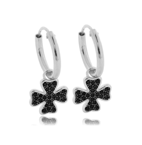 ORECCHINI A CERCHIO DIAMETRO MM 10 CON QUADRIFOGLIO PENDENTE CON ZIRCONI NERI IN ARGENTO TIT 925‰