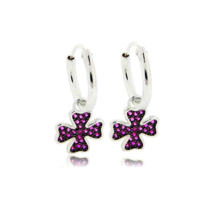 ORECCHINI A CERCHIO DIAMETRO MM 10 CON QUADRIFOGLIO PENDENTE CON ZIRCONI ROSSI IN ARGENTO TIT 925‰