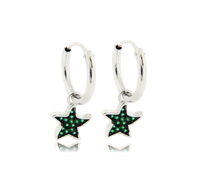ORECCHINI A CERCHIO DIAMETRO MM 10 CON STELLA PENDENTE CON ZIRCONI VERDE IN ARGENTO TIT 925‰