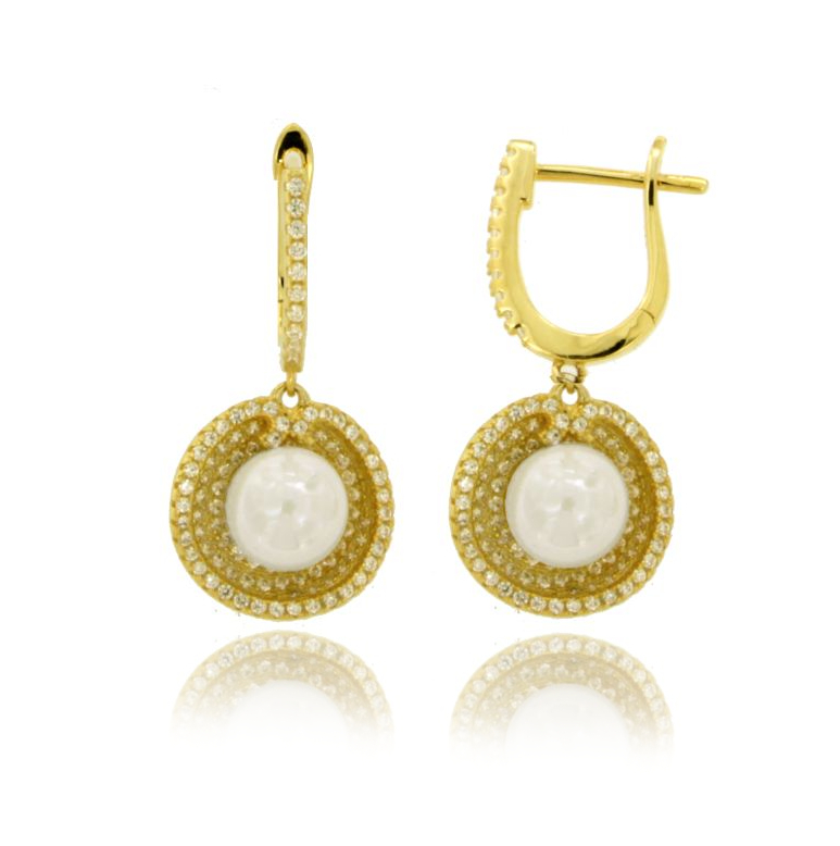 ORECCHINI IN ARGENTO DORATO TIT 925, PERLA E ZIRCONI