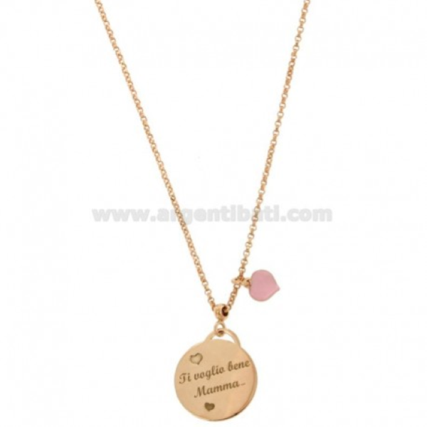 COLLANA ROLO' CON MEDAGLIA TONDA TI VOGLIO BENE MAMMA E CUORE SMALTATO ROSA PENDENTE IN ARGENTO ROSATO TIT 925‰ CM 40-45