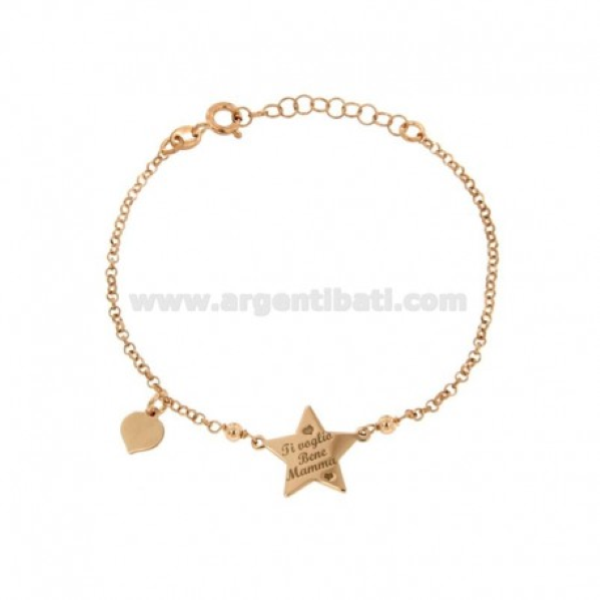 BRACCIALE ROLO' CON STELLA E CUORE PENDENTE TI VOGLIO BENE MAMMA IN ARGENTO ROSATO TIT 925‰ CM 17-20