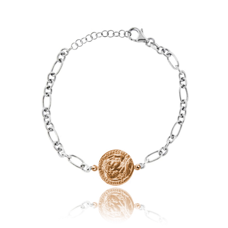 BRACCIALE A CATENA CON MONETA MM 16 IN ARGENTO RODIATO E ROSATO TIT 925 CM 17-20