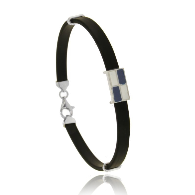 BRACCIALE CAUCCIU' CON BANDIERINA NAUTICA CENTRALE IN ARGENTO RODIATO TIT 925 CM 20