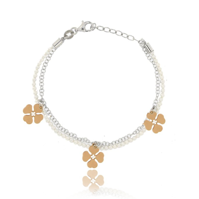 BRACCIALE CON PERLINE E QUADRIFOGLI IN ARGENTO RODIATO TIT 925 CM 17-20