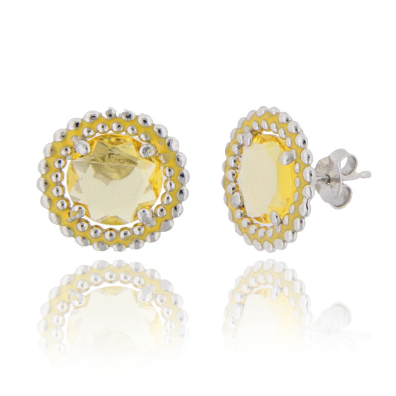 ORECCHINI A LOBO MM 15 CON MICROSFERE IN ARGENTO RODIATO TIT 925 PIETRA IDROTERMALE E SMALTO GIALLO