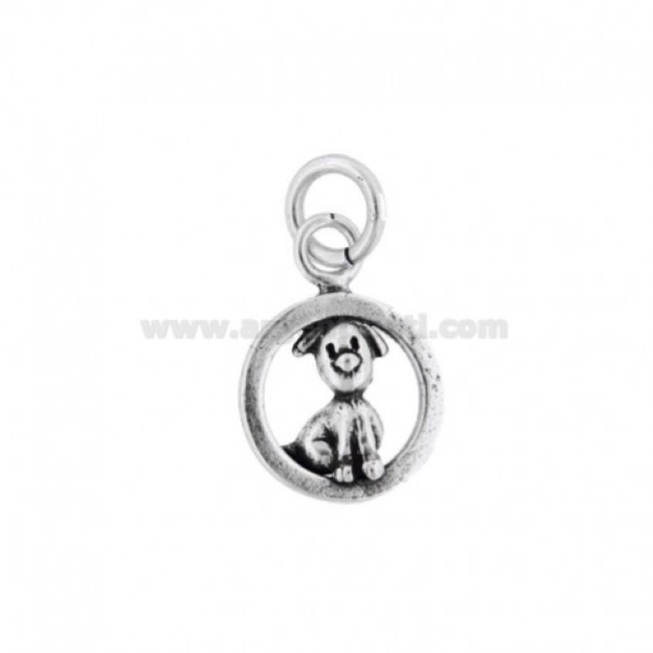 CIONDOLO TONDO MM 16 DOG IN ARGENTO BRUNITO TIT 800