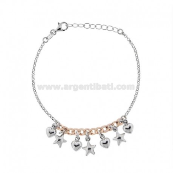BRACCIALE ROLO' E GROUMETTE CON CON CUORI E STELLE PENDENTI IN ARGENTO RODIATO E ROSATO TIT 925‰ CM 17-19