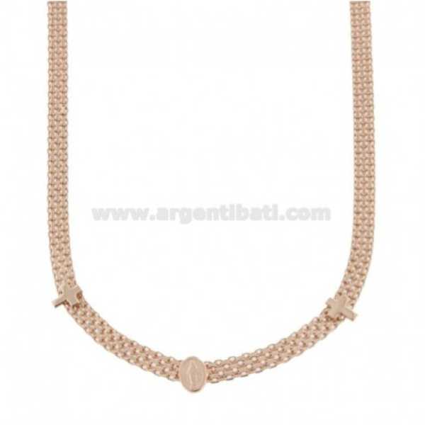 COLLANA MAGLIA BISMARK CON CROCI E MADONNINA MIRACOLOSA IN ARGENTO ROSATO TIT 925‰ CM 38-43