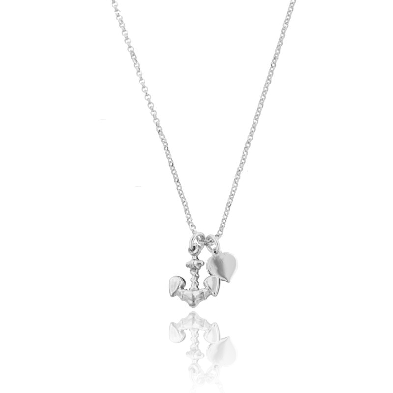 COLLANA ROLO' CON ANCORA E CUORE IN ARGENTO RODIATO TIT 925‰ CM 40-45