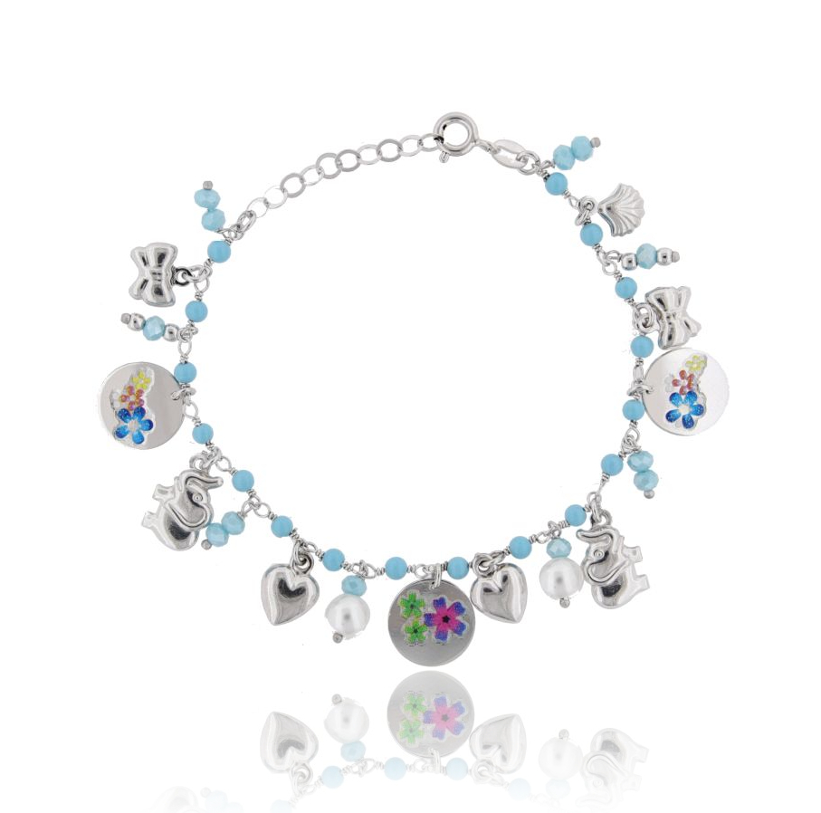 BRACCIALE CON PASTA DI TURCHESE E CIONDOLI MISTI CON STICKERS IN ARGENTO RODIATO TIT 925‰ CM 17-19