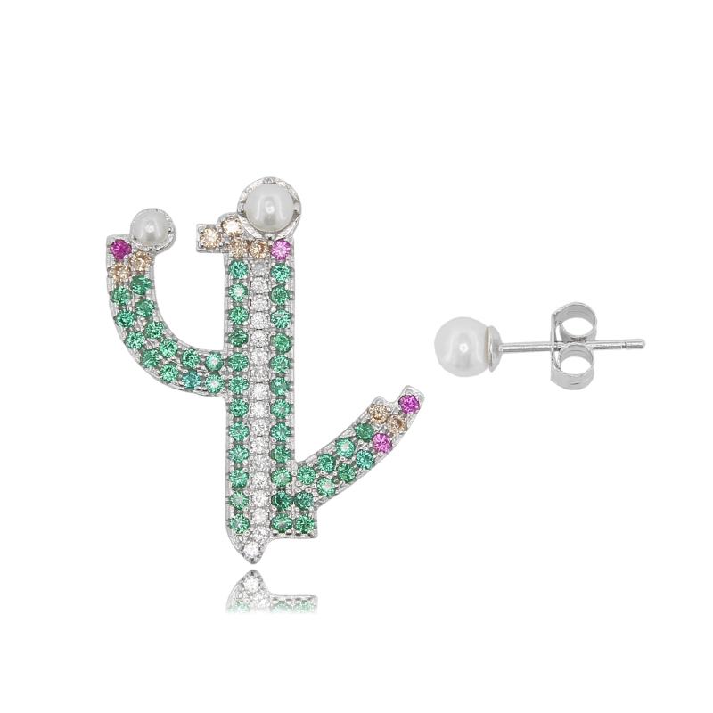 ORECCHINI CACTUS IN ARGENTO RODIATO TIT 925 ZIRCONI COLORATI E PERLE