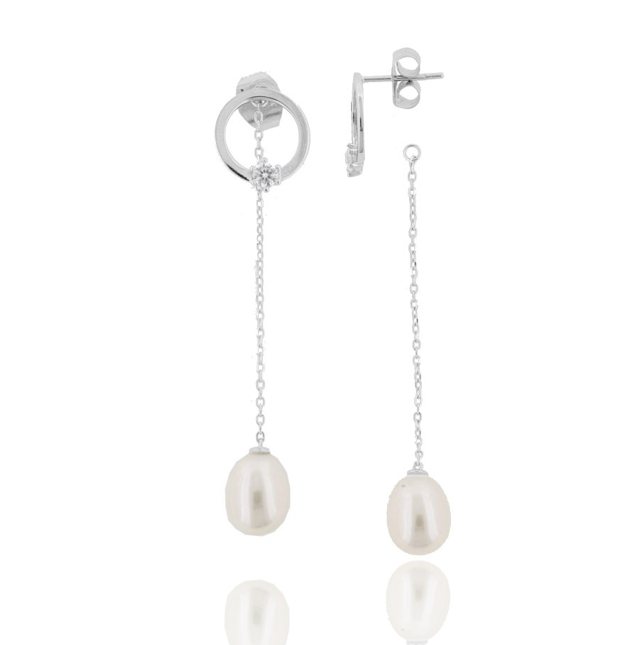 ORECCHINI PENDENTI CON PERLA IN ARGENTO RODIATO TIT 925‰ E ZIRCONE