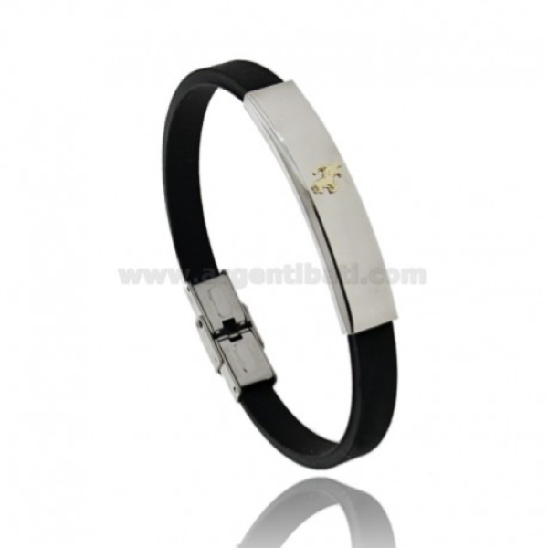 BRACCIALE IN CAUCCIU' CON TARGA IN ACCIAIO CON CAVALLINO RAMPANTE IN BILAMINA DI OTTONE E ORO