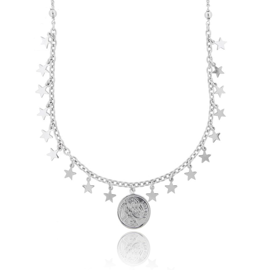 COLLANA ROLO' CON MONETA E STELLE PENDENTI IN ARGENTO RODIATO TIT 925‰ CM 40-45