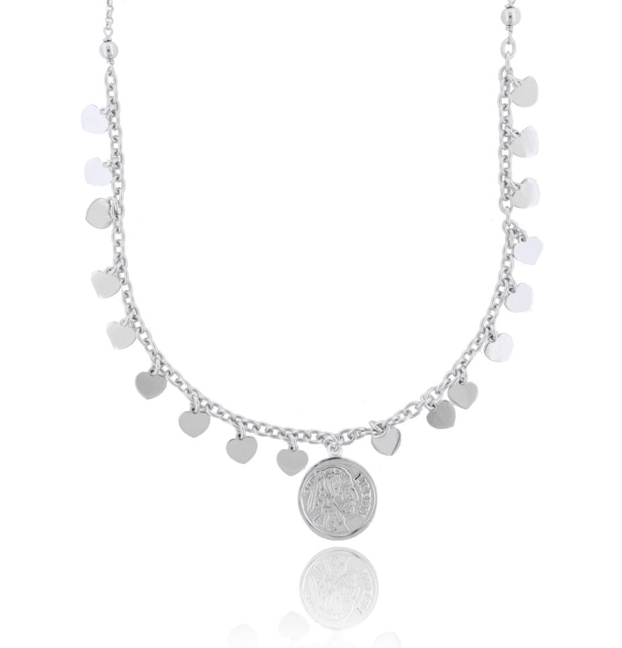 COLLANA ROLO' CON MONETA E CUORI PENDENTI IN ARGENTO RODIATO TIT 925‰ CM 40-45