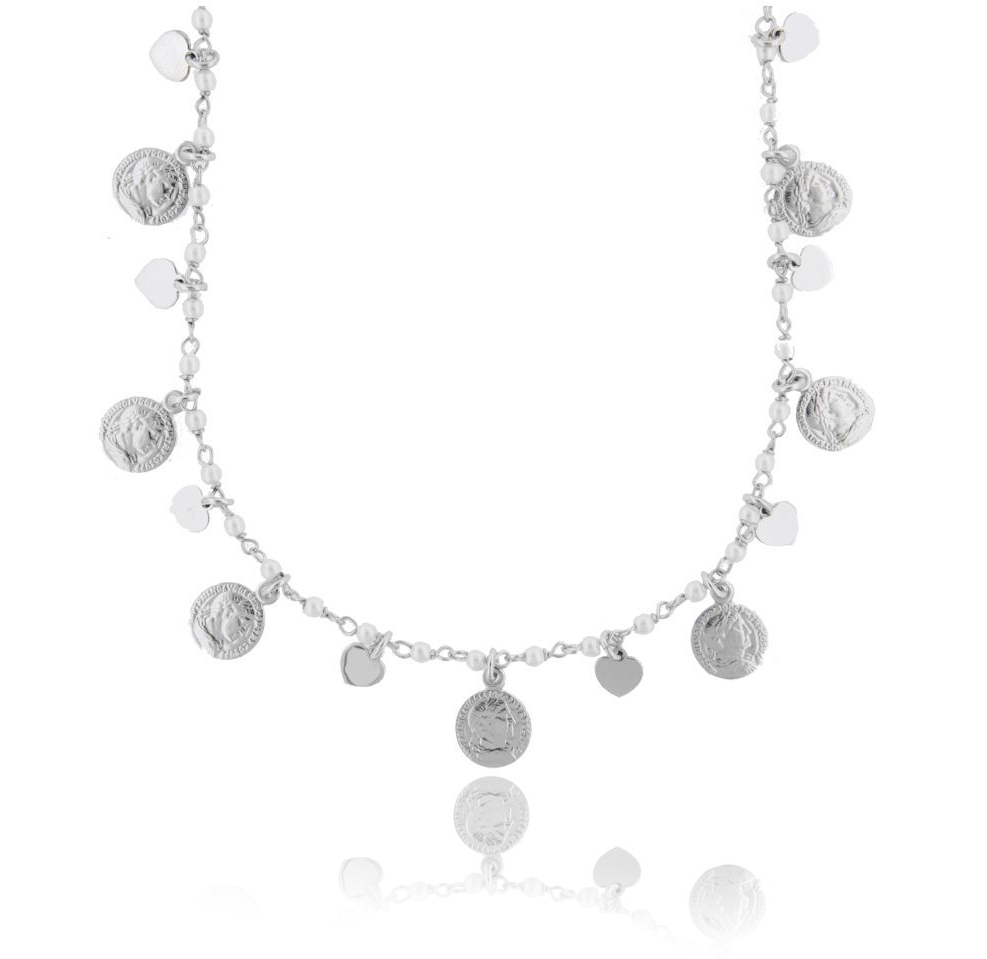 COLLANA CON MONETE, CUORI E PERLE PENDENTI IN ARGENTO RODIATO TIT 925‰ CM 38-42