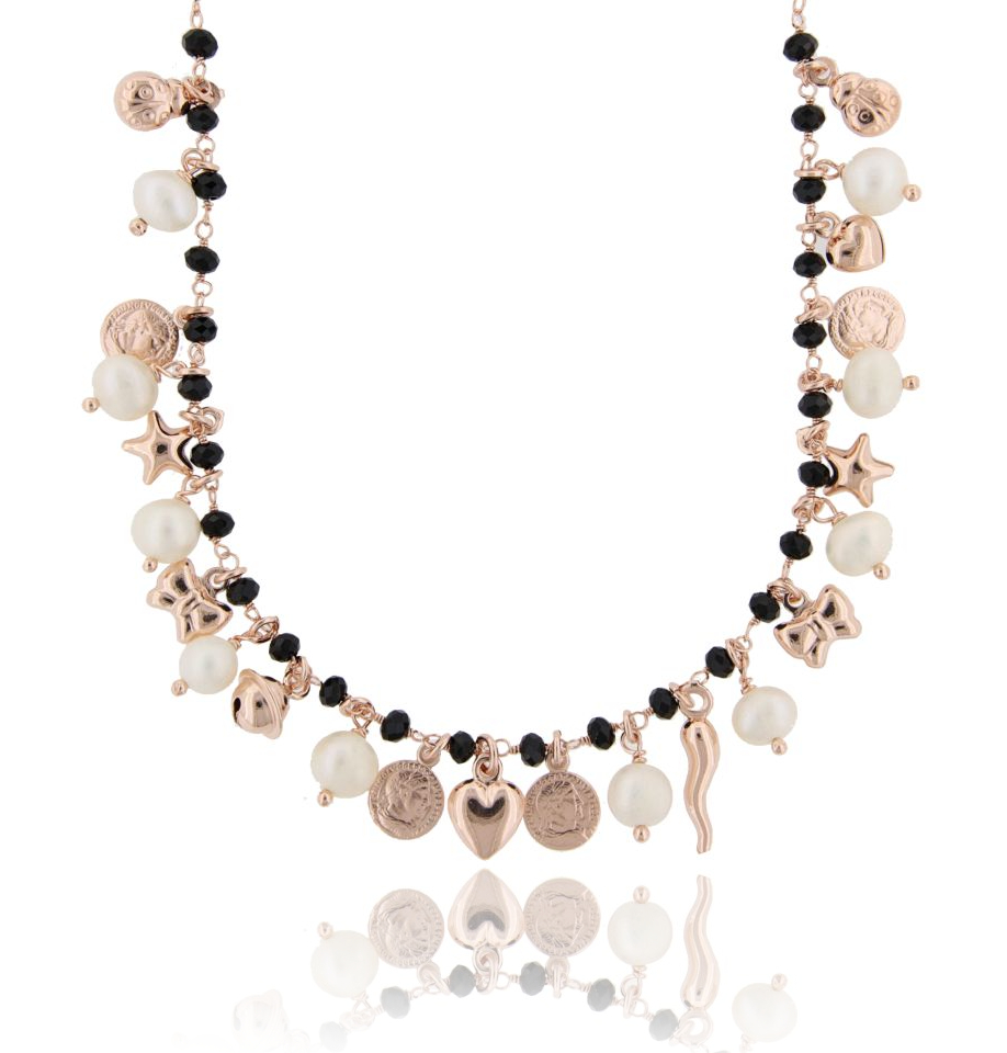 COLLANA CON MONETE, STELLE, CHARMS, PIETRE E PERLE PENDENTI IN ARGENTO ROSATO TIT 925‰ CM 36-39