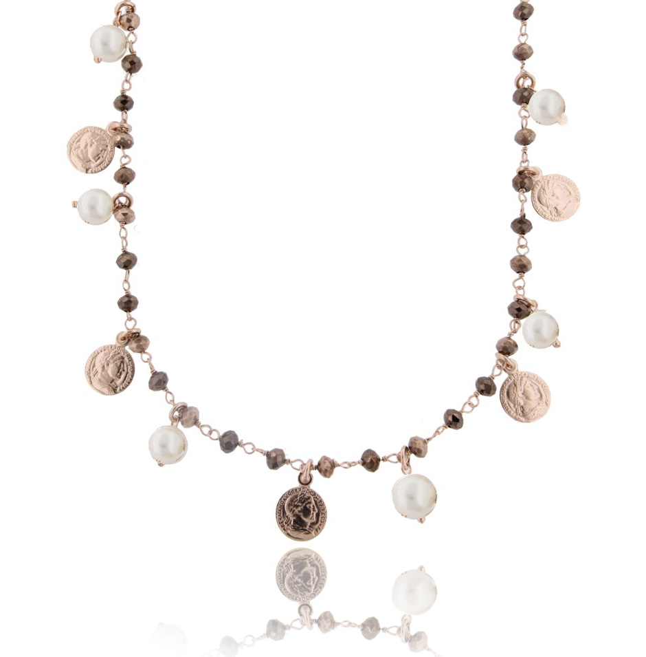 COLLANA CON MONETE, PIETRE E PERLE PENDENTI IN ARGENTO ROSATO TIT 925‰ CM 70