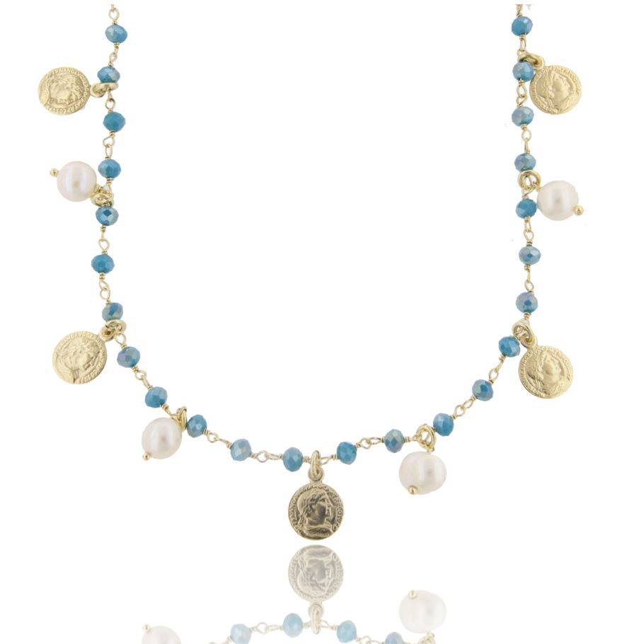 COLLANA CON MONETE, PIETRE E PERLE PENDENTI IN ARGENTO DORATO TIT 925‰ CM 70