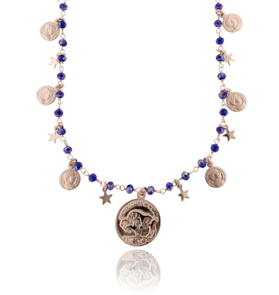 COLLANA CON MONETE, STELLE E PIETRE IN ARGENTO ROSATO TIT 925‰ CM 38-42