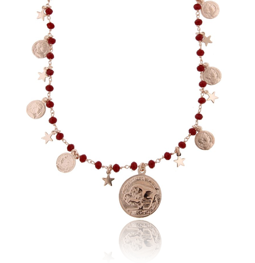 COLLANA CON MONETE, STELLE E PIETRE IN ARGENTO ROSATO TIT 925‰ CM 38-42