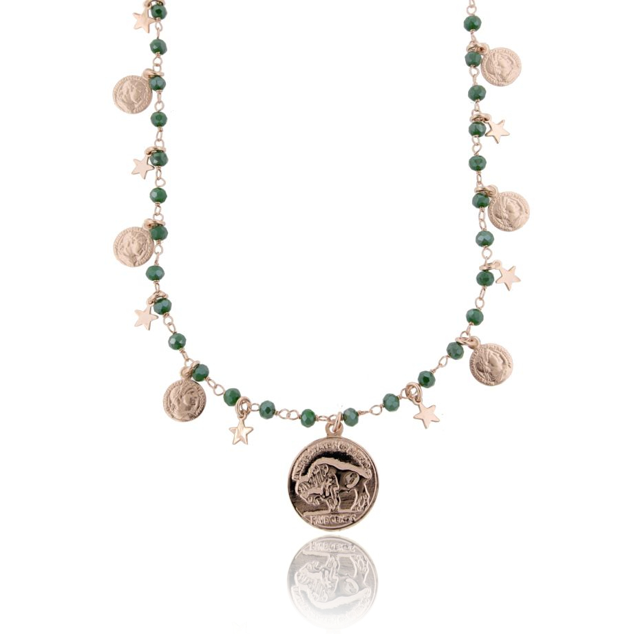 COLLANA CON MONETE, STELLE E PIETRE IN ARGENTO ROSATO TIT 925‰ CM 38-42