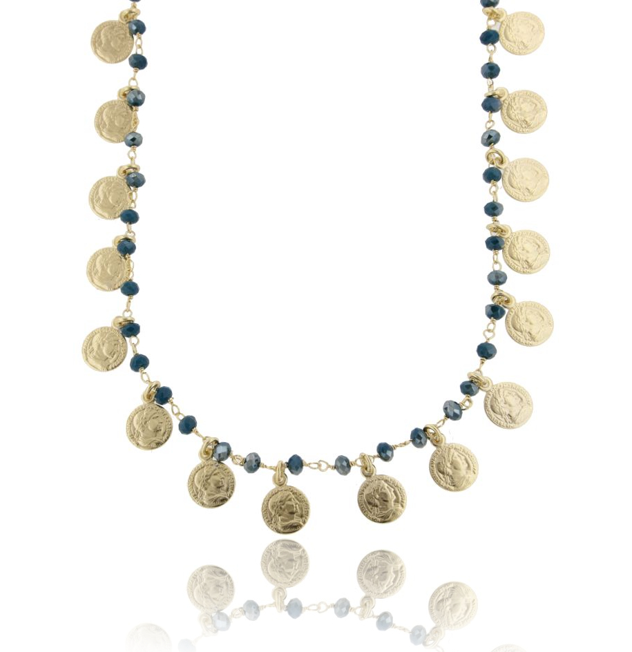 COLLANA CON MONETE E PIETRE IN ARGENTO DORATO TIT 925‰ CM 38-42