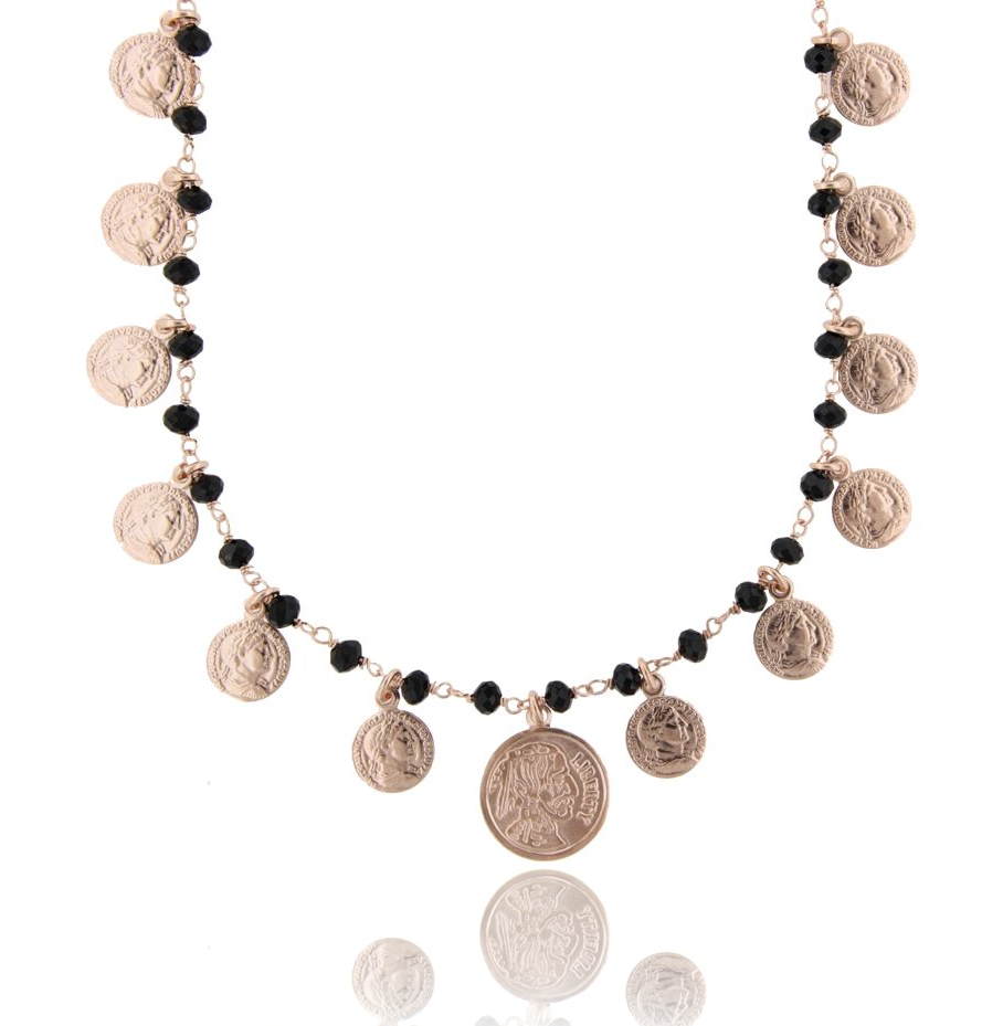 COLLANA CON MONETE E PIETRE IN ARGENTO ROSATO TIT 925‰ CM 70