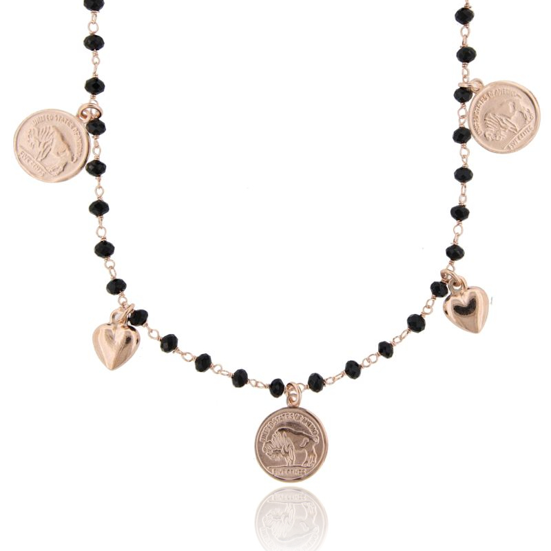 COLLANA CON MONETE E PIETRE IN ARGENTO ROSATO TIT 925‰ CM 70