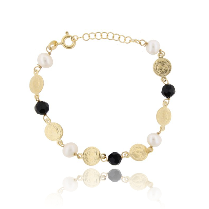 BRACCIALE CON MONETE, PIETRE E PERLE IN ARGENTO DORATO TIT 925‰ CM 17-19