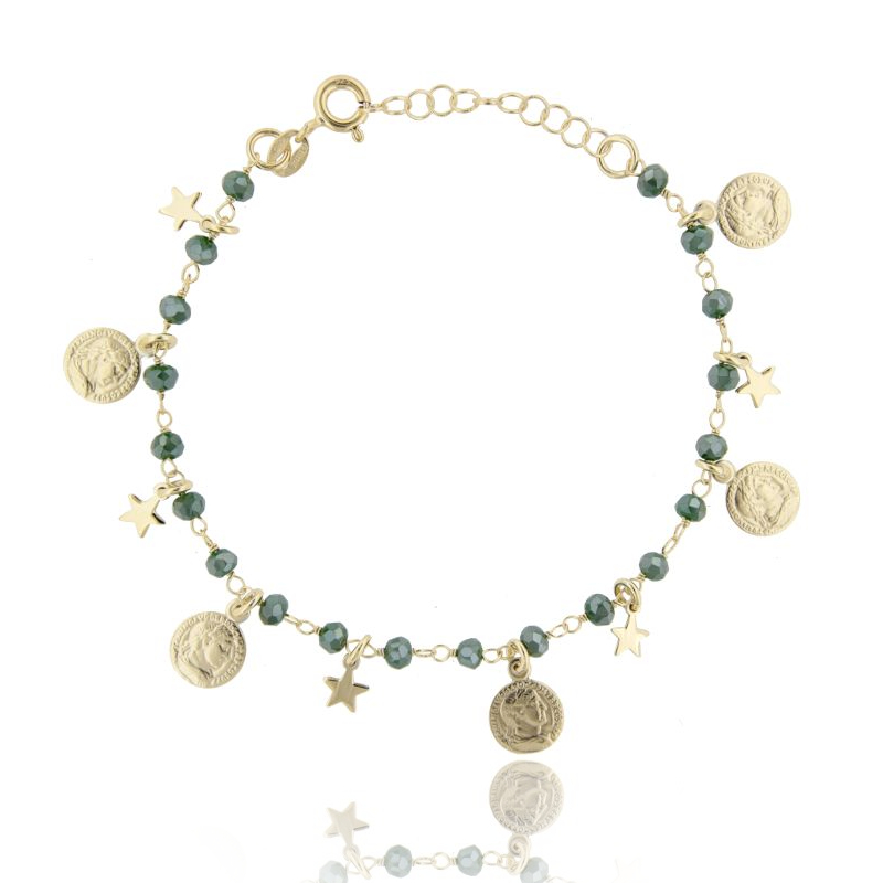 BRACCIALE CON MONETE, STELLE E PIETRE IN ARGENTO DORATO TIT 925‰ CM 17-19
