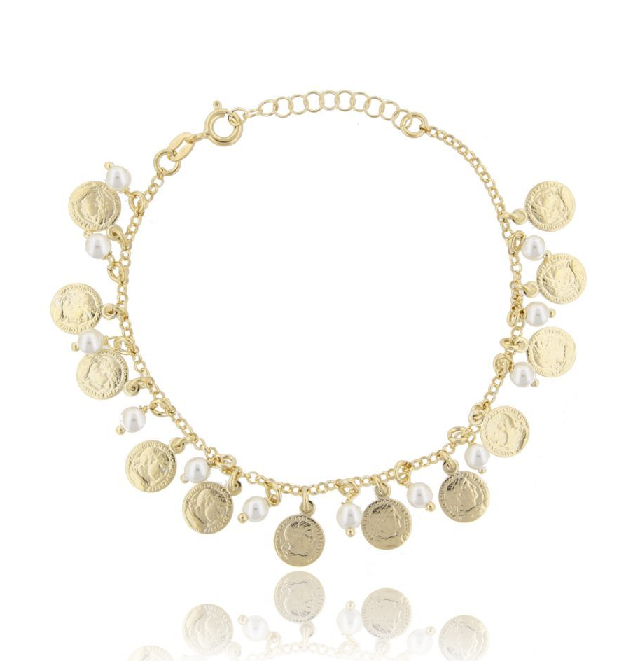 BRACCIALE CON MONETE, STELLE E PERLE PENDENTI IN ARGENTO DORATO TIT 925‰ CM 17-20