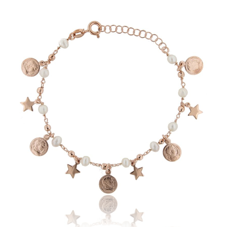 BRACCIALE ROLO' CON MONETE, STELLE E PERLE PENDENTI IN ARGENTO ROSATO TIT 925‰ CM 17-19