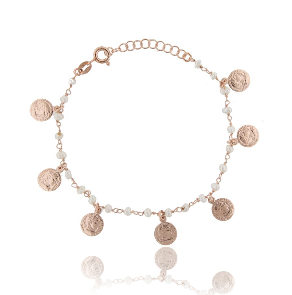 BRACCIALE ROLO' CON MONETE E PERLE PENDENTI IN ARGENTO ROSATO TIT 925‰ CM 17-20