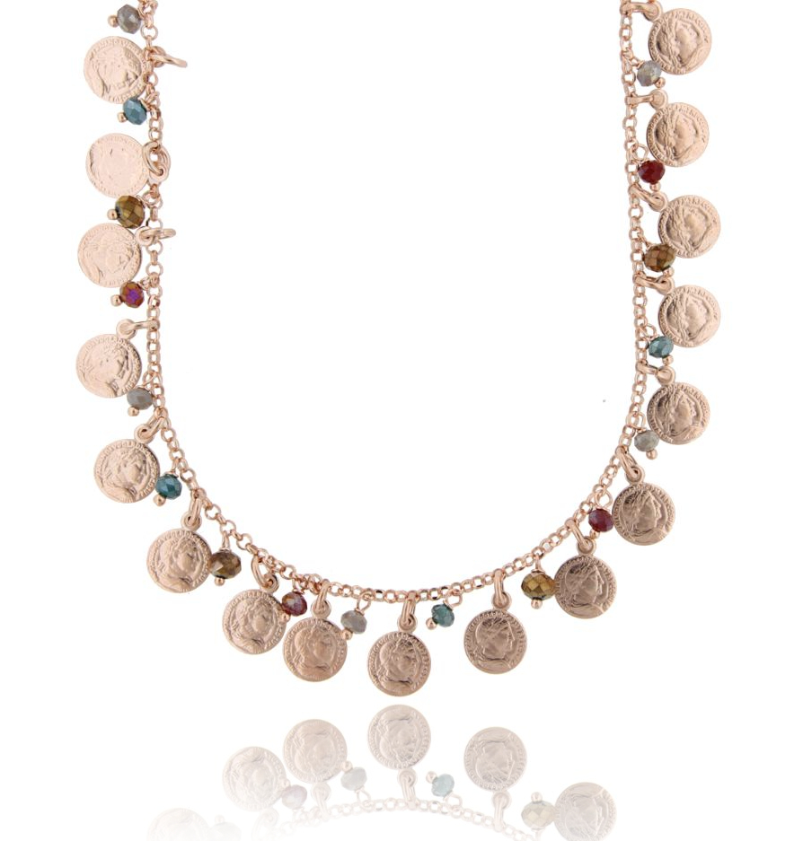 COLLANA CON MONETE E PIETRE IN ARGENTO ROSATO TIT 925‰ CM 52-55