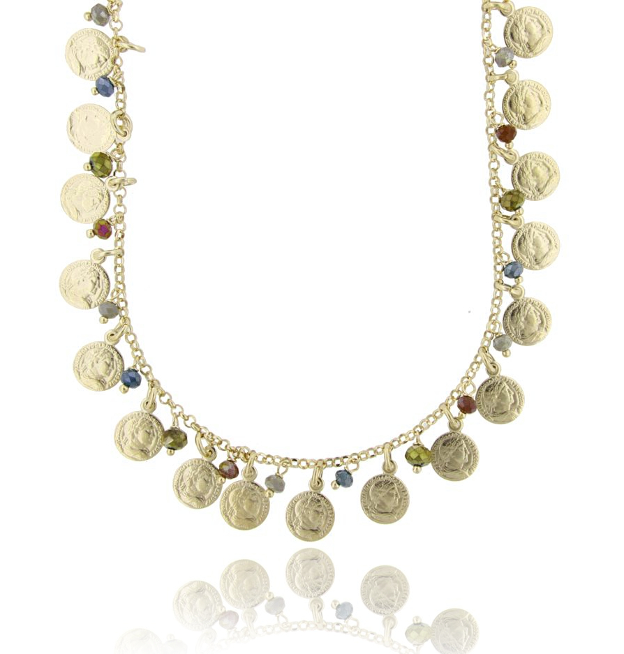 COLLANA CON MONETE E PIETRE IN ARGENTO DORATO TIT 925‰ CM 52-55