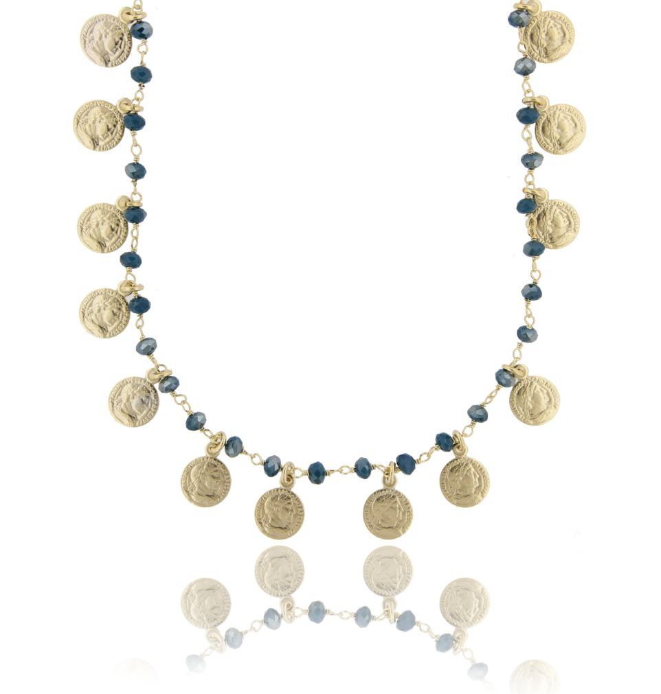 COLLANA CON MONETE E PIETRE IN ARGENTO DORATO TIT 925‰ CM 70